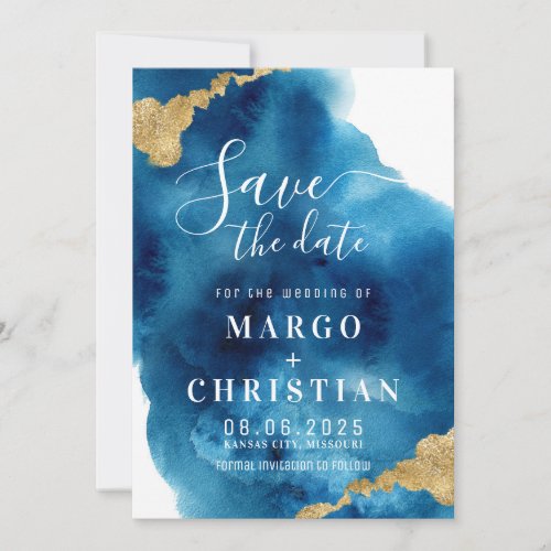 Blue  Gold Watercolor Save The Date Invitation