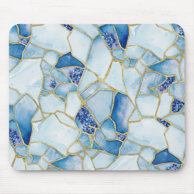 Blue Gold Watercolor Sea Glass Mosaic Pattern Mouse Pad (Front)