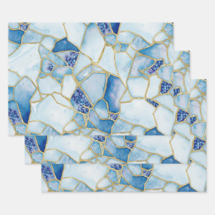 Blue Gold Watercolor Sea Glass Mosaic Pattern Wrapping Paper Sheets