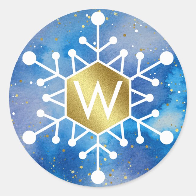 Blue Gold Watercolor Snowflake Monogram Classic Round Sticker (Front)