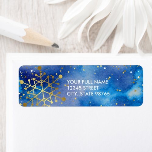 Blue Gold Watercolor Snowflake Return Address Label