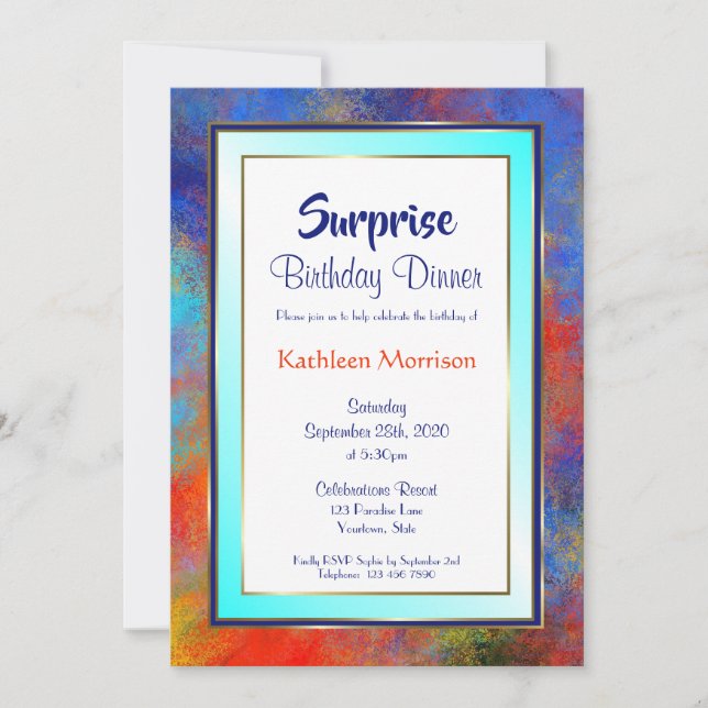Blue Gold Watercolor Surprise Birthday Dinner Invitation (Front)
