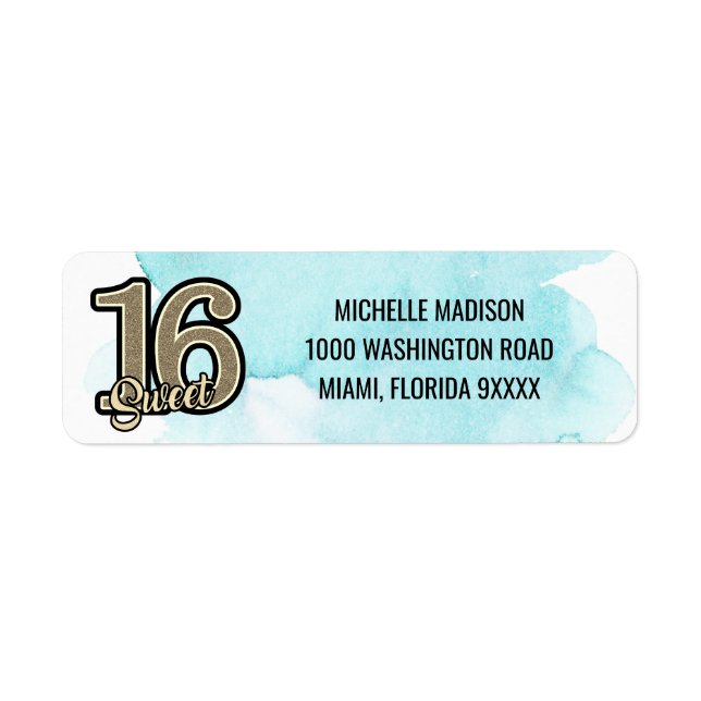 Blue Gold Watercolor Sweet 16 Label (Front)