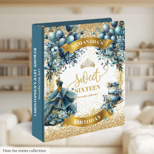 Blue Gold Watercolor Sweet Sixteen Balloon Guest 3 Ring Binder