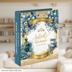 Blue Gold Watercolor Sweet Sixteen Guest Memory 3 Ring Binder