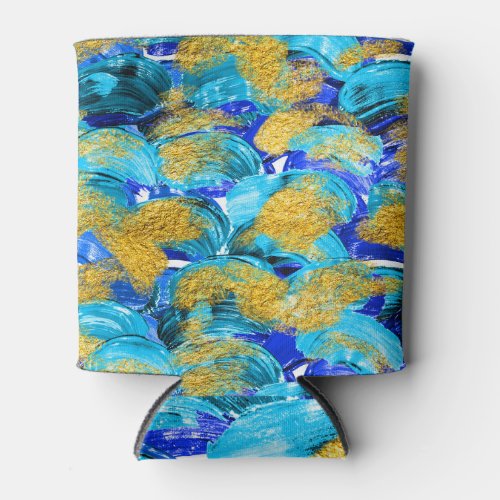 Blue Gold Watercolor Trendy Art Can Cooler