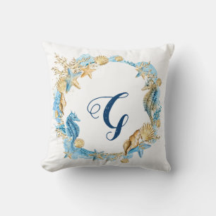 Blue & Gold Watercolor Under the Sea Monogram Throw Pillow