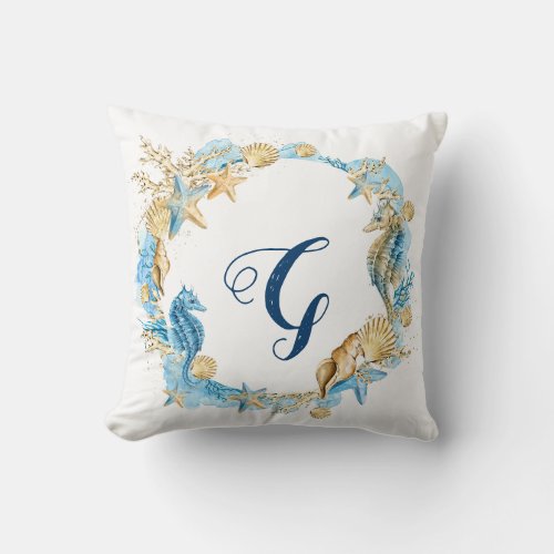 Blue  Gold Watercolor Under the Sea Monogram Throw Pillow
