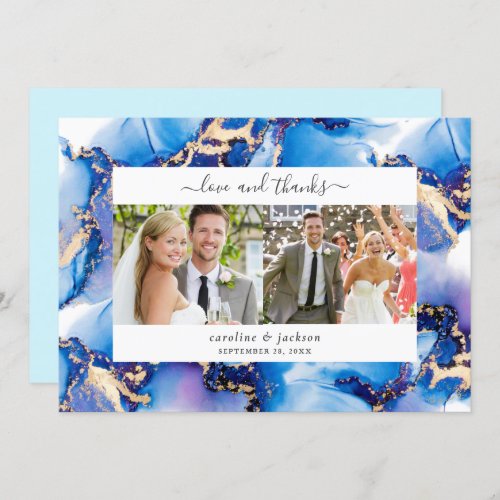 Blue Gold Watercolor Wedding Photo Thank You Card