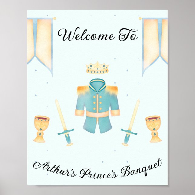 Blue & Gold Watercolour Little Prince Welcome Sign (Front)