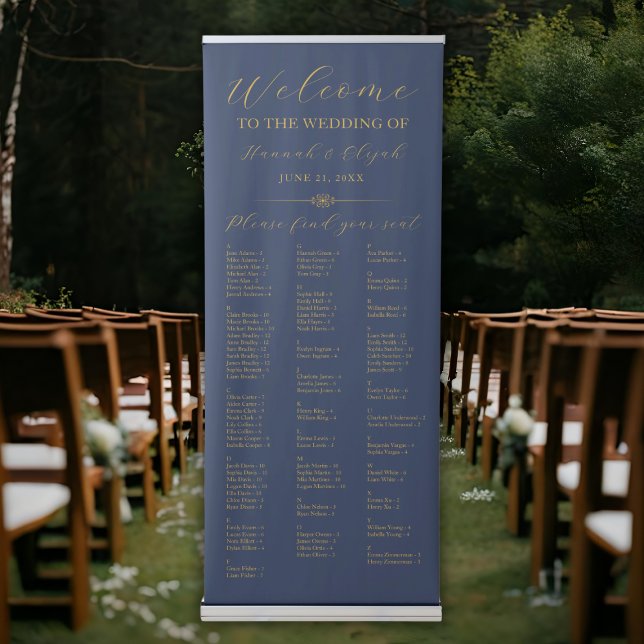 Blue Gold Wedding Alphabetical Seating Chart Retractable Banner (Blue Gold Wedding Alphabetical Seating Chart Retractable Banner)