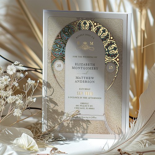 Blue Gold Wedding Art Nouveau Art Deco Mucha Foil Invitation