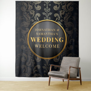 Blue Gold Wedding Photo Backdrop Elegant Damask