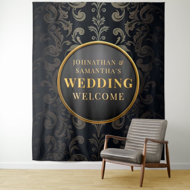 Blue Gold Wedding Photo Backdrop Elegant Damask (In Situ)