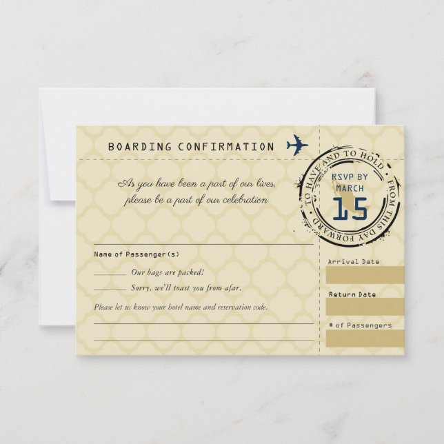 Blue Gold Wedding RSVP Boarding Pass to Mexico (Front)