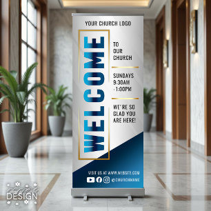 Blue & Gold Welcome To Our Church Sunday Service Retractable Banner