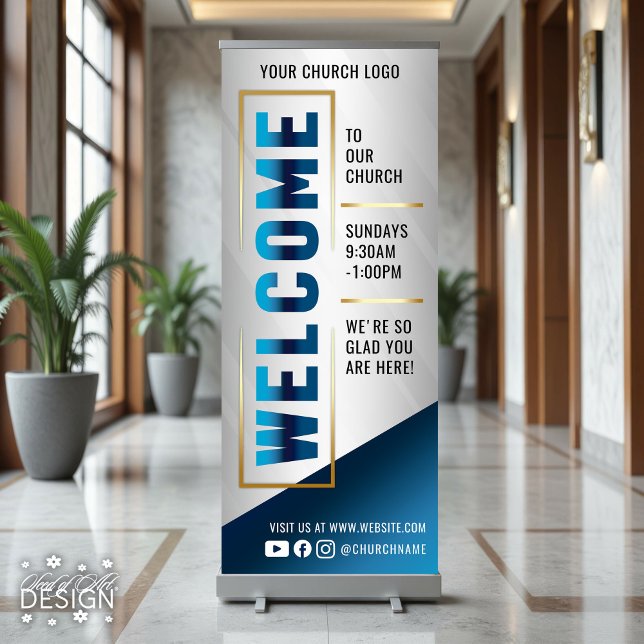 Blue & Gold Welcome To Our Church Sunday Service Retractable Banner (Creator Uploaded)