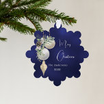 Blue gold white baubles Christmas Ornament Card<br><div class="desc">A navy blue,  uneven colored background. Decorated with white and gold baubles and some greenery and a pine cone.  Personalize and add your name,  year.  Text: Merry Christmas</div>