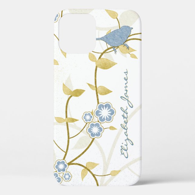 Blue Gold White Birds Floral Personalized Case-Mate iPhone Case (Back)