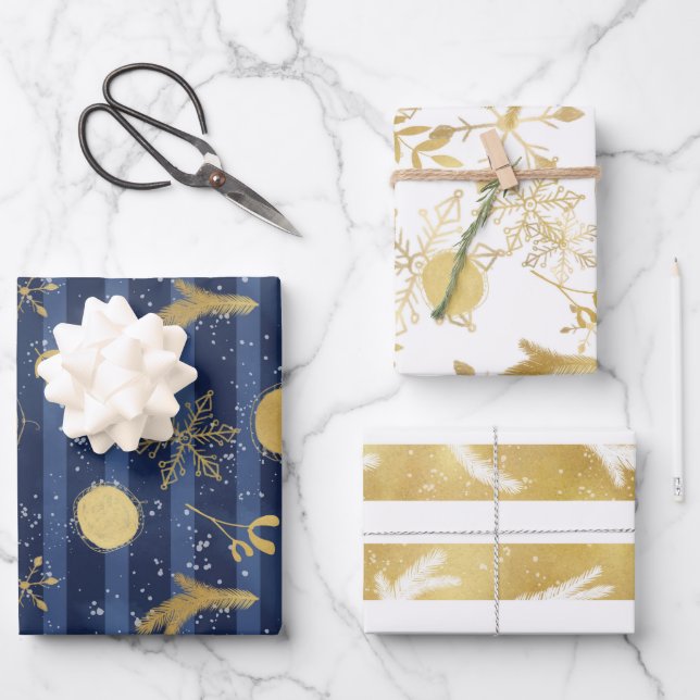 Blue Gold White Christmas Holiday Pattern Wrapping Paper Sheets (Front)