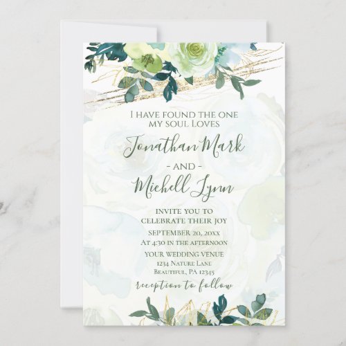 Blue Gold White Floral Greenery Christian Wedding Invitation