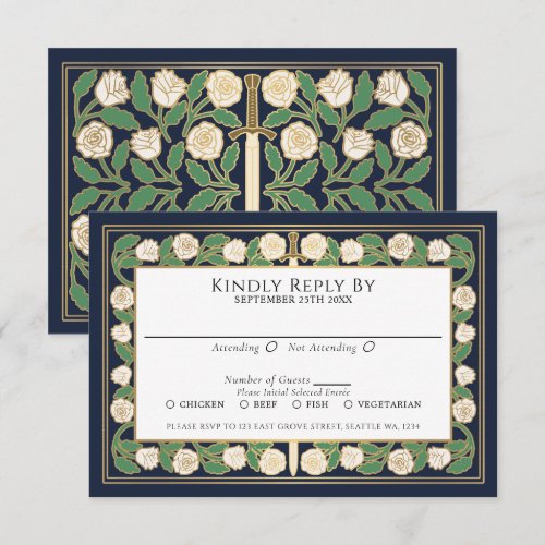 Blue Gold White Floral Sword Royal Wedding RSVP Card