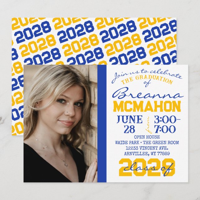 Blue, Gold & White Graduation Photo Invitation (Front/Back)