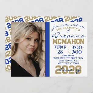 Blue, Gold & White Graduation Photo Invitation