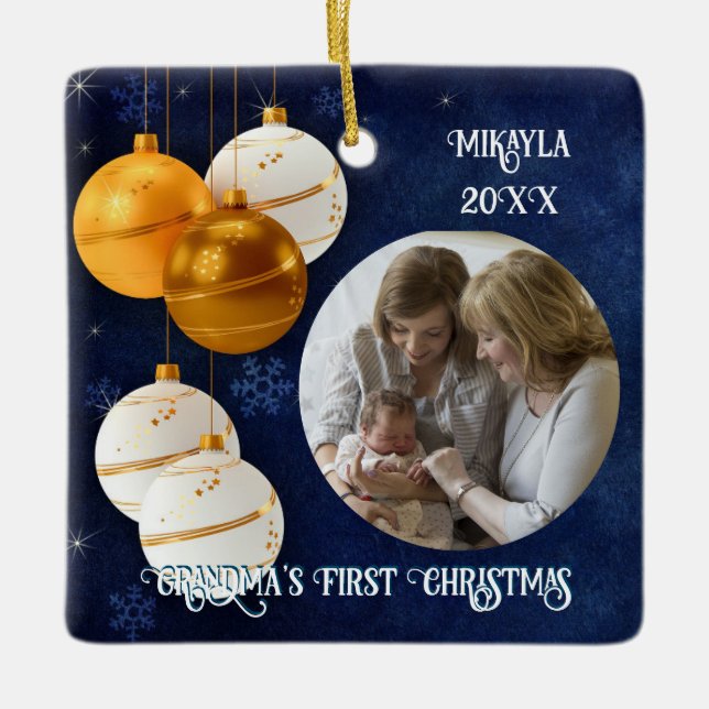 Blue, Gold & White Grandmas First Christmas  Ceramic Ornament (Front)