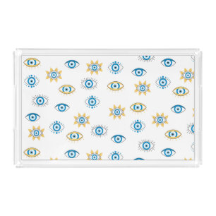 Blue, Gold & White Greek Eye Mati Pattern Acrylic Tray