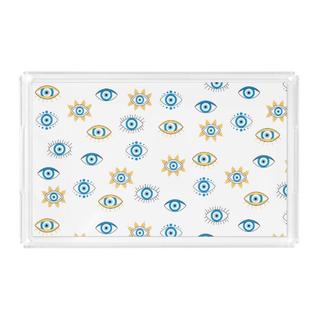 Blue, Gold & White Greek Eye Mati Pattern Acrylic Tray (Front)