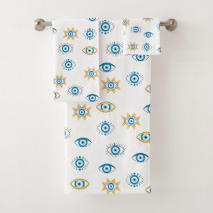 Blue, Gold & White Greek Eye Mati Pattern Bath Towel Set