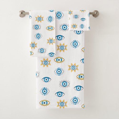 Blue Gold  White Greek Eye Mati Pattern Bath Towel Set