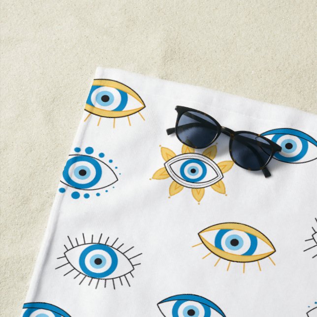 Blue, Gold & White Greek Eye Mati Pattern Beach Towel (In Situ)