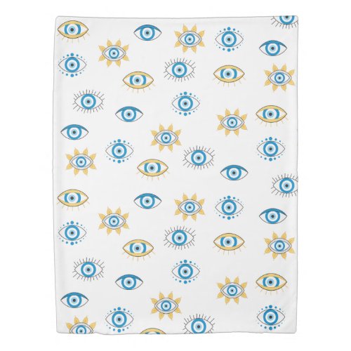 Blue Gold  White Greek Eye Mati Pattern Duvet Cover