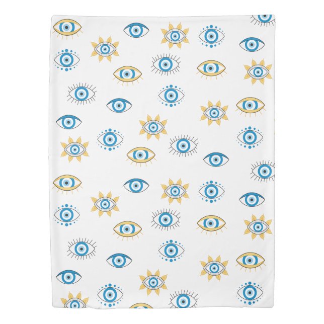 Blue, Gold & White Greek Eye Mati Pattern Duvet Cover (Front)