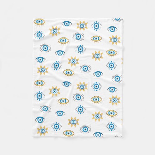 Blue Gold  White Greek Eye Mati Pattern Fleece Blanket