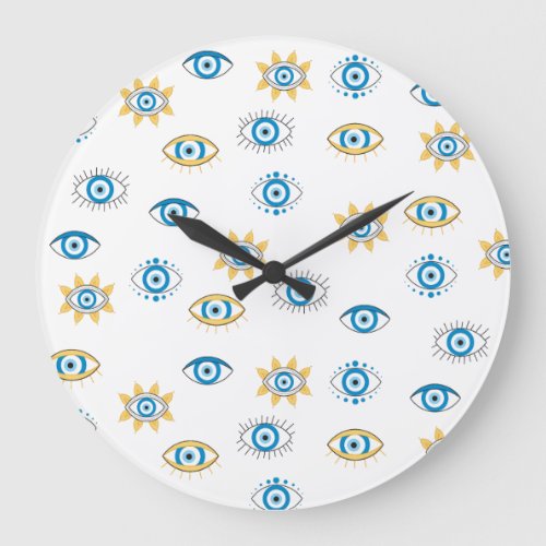 Blue Gold  White Greek Eye Mati Pattern Large Clock