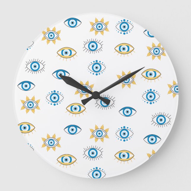 Blue, Gold & White Greek Eye Mati Pattern Large Clock (Front)