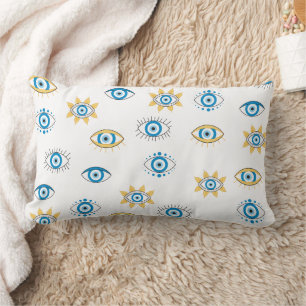 Blue, Gold & White Greek Eye Mati Pattern Lumbar Pillow