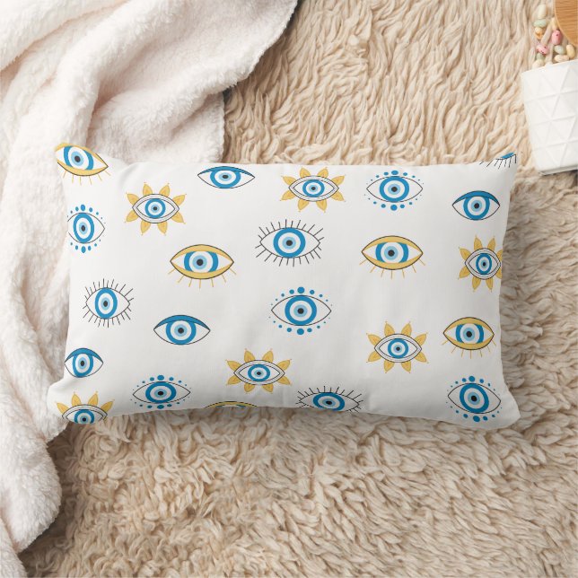 Blue, Gold & White Greek Eye Mati Pattern Lumbar Pillow (Blanket)