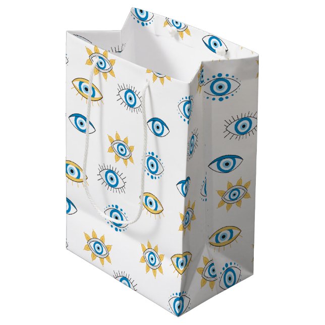 Blue, Gold & White Greek Eye Mati Pattern Medium Gift Bag (Front Angled)
