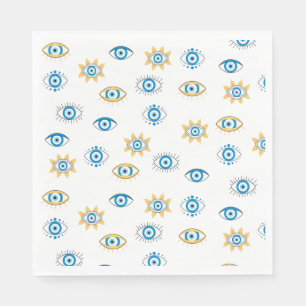 Blue, Gold & White Greek Eye Mati Pattern Napkins