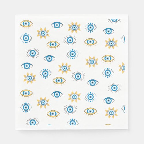 Blue Gold  White Greek Eye Mati Pattern Napkins