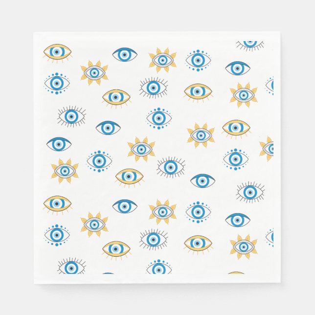 Blue, Gold & White Greek Eye Mati Pattern Napkins (Front)