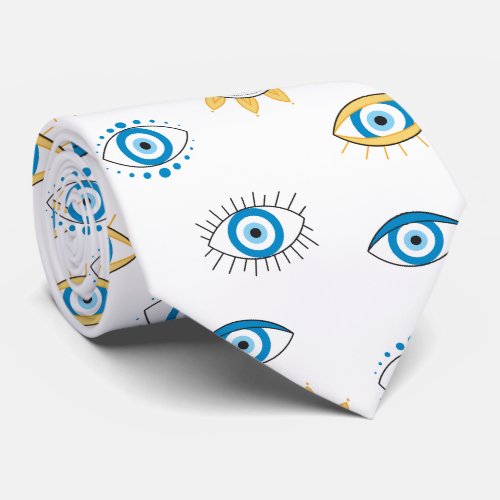 Blue Gold  White Greek Eye Mati Pattern Neck Tie