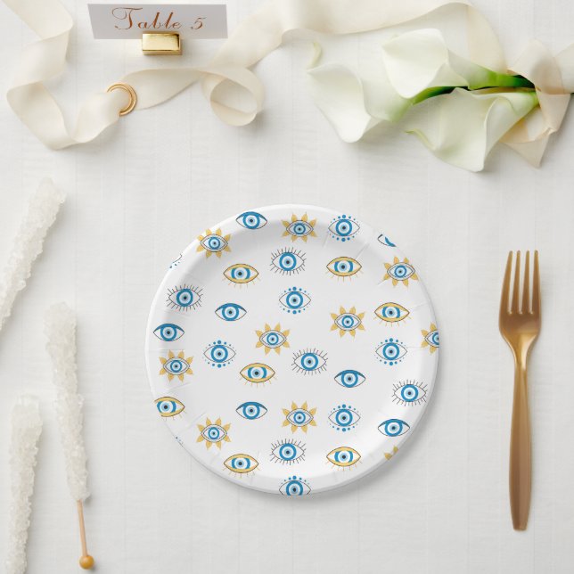 Blue, Gold & White Greek Eye Mati Pattern Paper Plates (Wedding)
