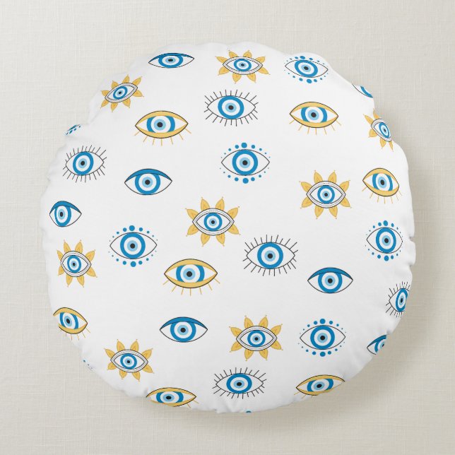 Blue, Gold & White Greek Eye Mati Pattern Round Pillow (Front)