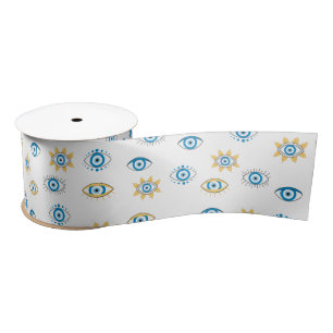 Blue, Gold & White Greek Eye Mati Pattern Satin Ribbon