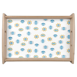 Blue, Gold & White Greek Eye Mati Pattern Serving Tray